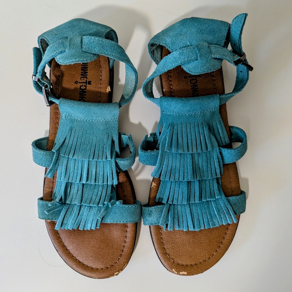 Minnetonka Women’s Suede Fringe Sandals Flats Teal Turquoise Size 7